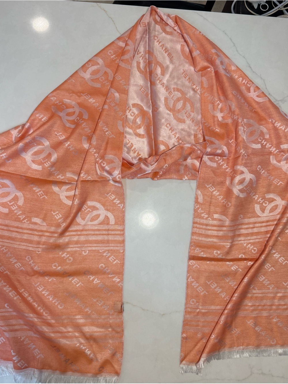 Chanel CC Logo Jacquard Shawl Scarf Peach Cream Fringe